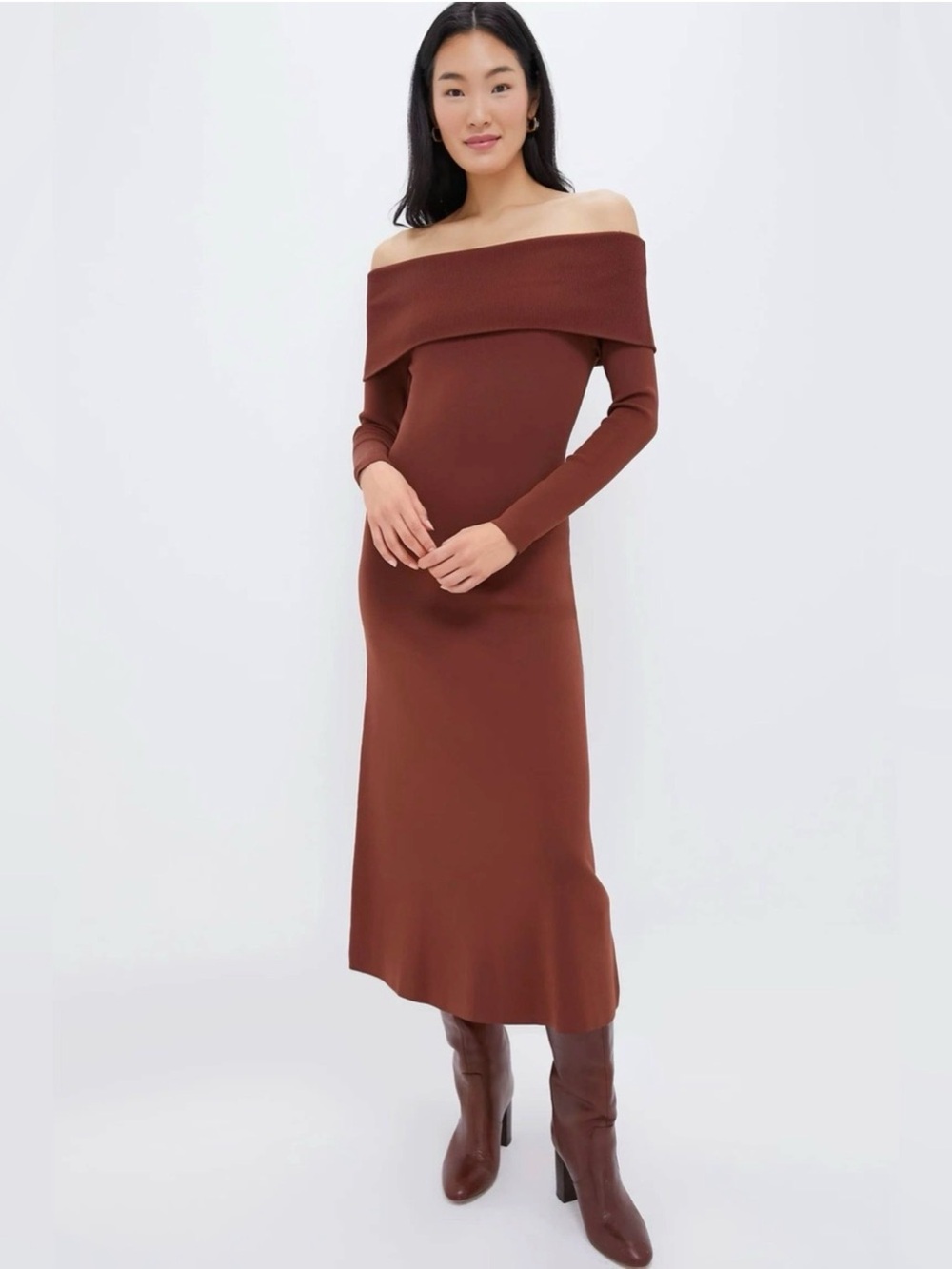 Tuckernuck Adrianna Off Shoulder Knit Midi Dress Brown Medium Hyacinth House